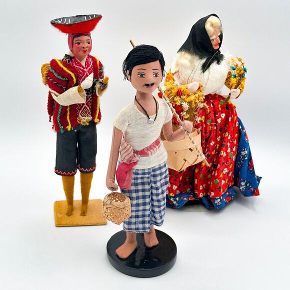 Lot 3 Intl Folk Dolls Filipino Fisherman Spanish Portuguese Flower Seller Vtg - Picture 6 of 13